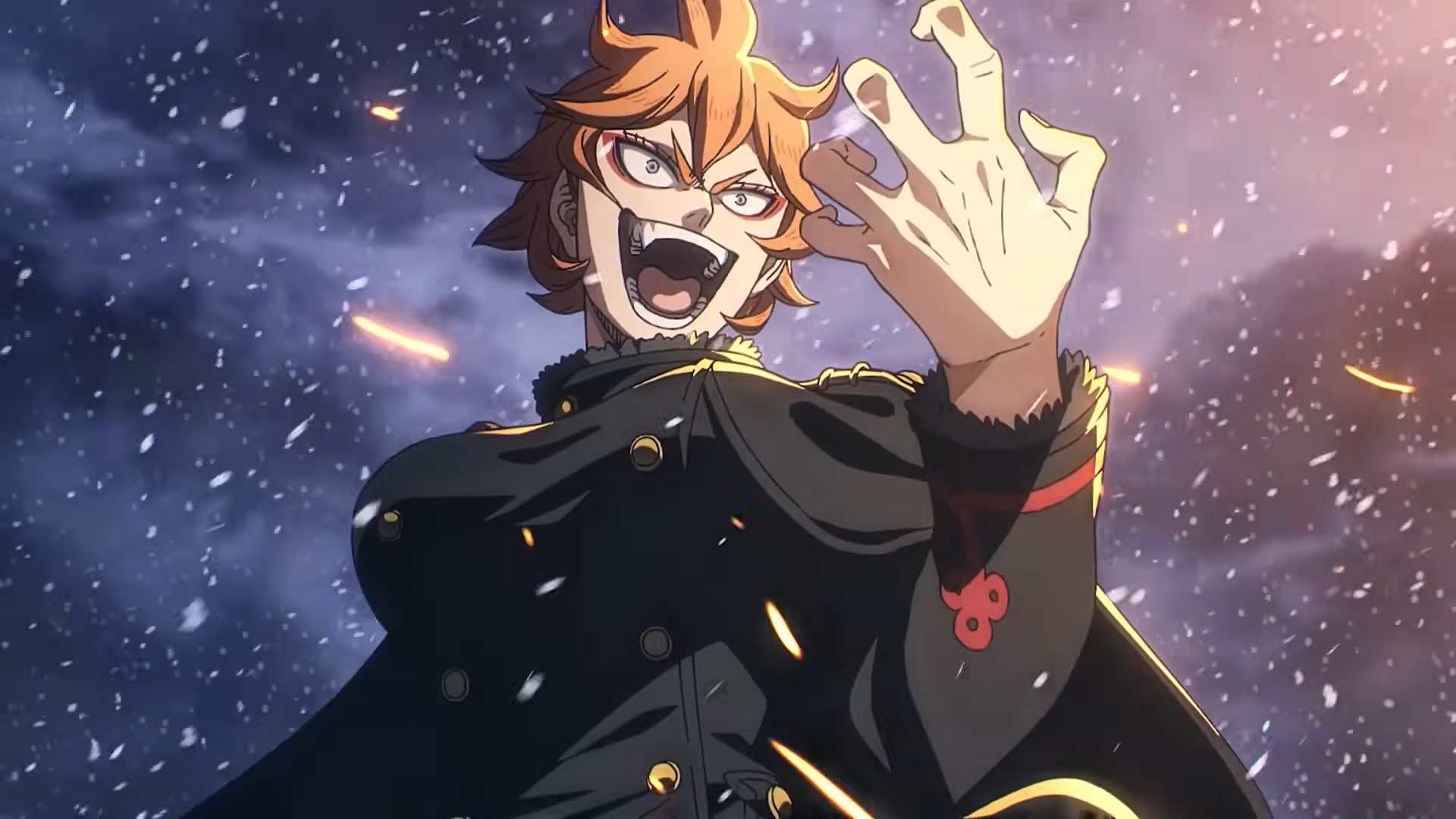 Mereoleona Vermillion, the Crimson Lion King captain, mid-battle in Black Clover Season 2