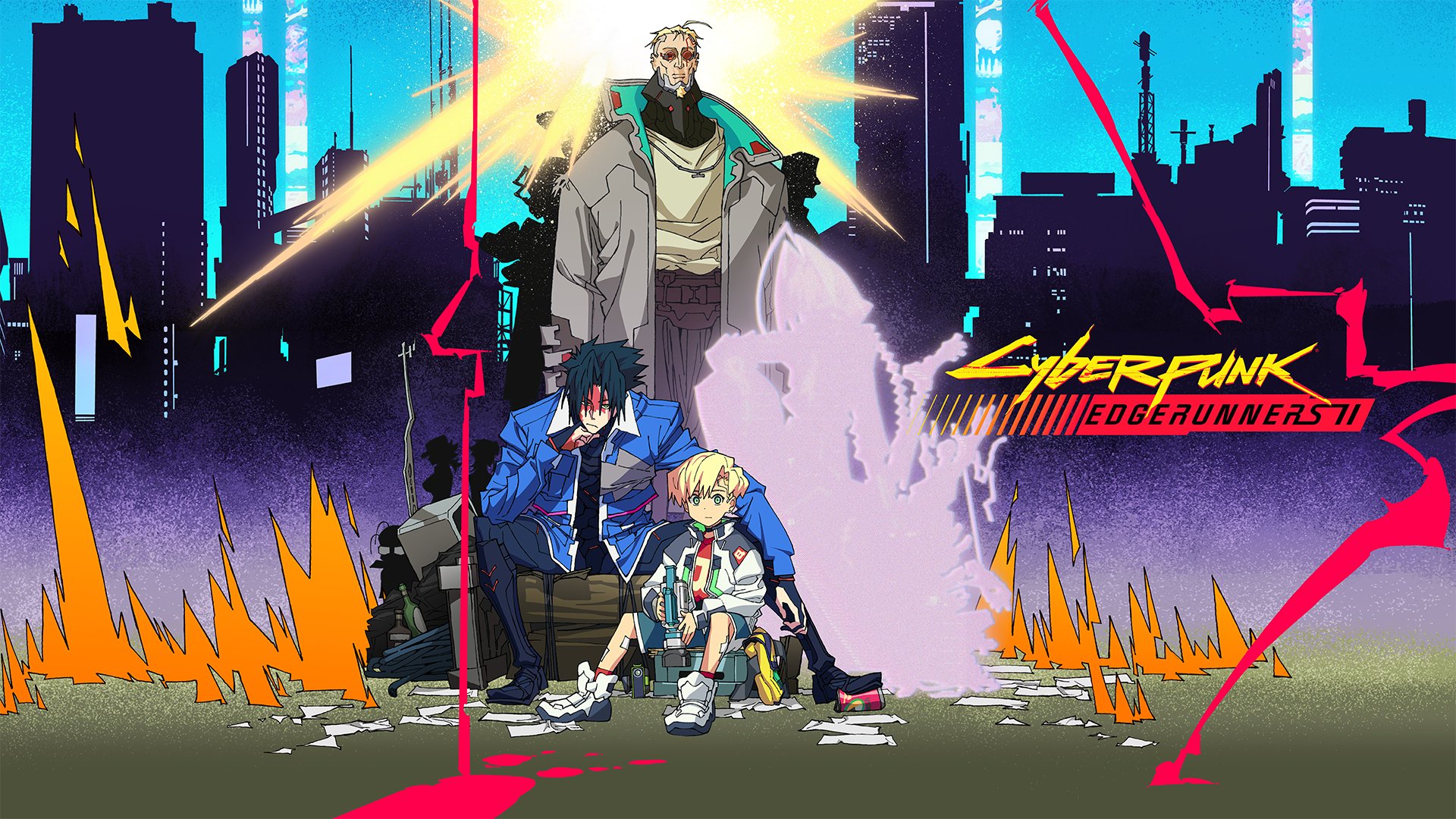 The main-crew key visual for Cyberpunk: Edgerunners 2, with Weak Kingsley, D, and Roman Carax