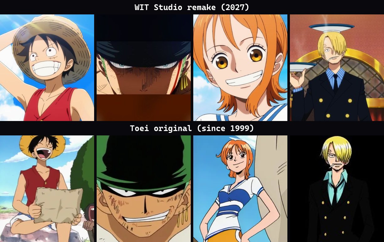 The Straw Hat crew in WIT Studio's 2027 remake compared with Toei's long-running anime